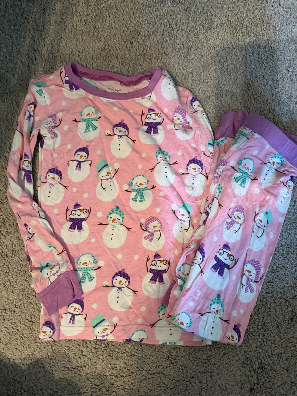 Little Sleepies Pink Snowman Pajama Set with Purple Trim